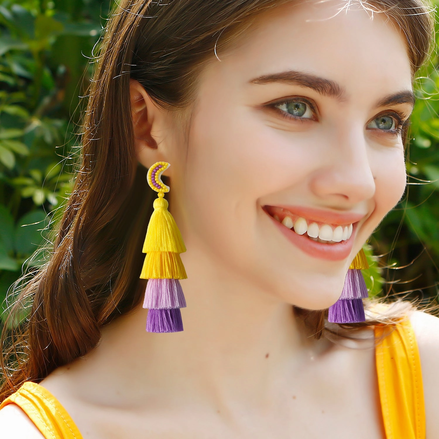 Wholesale Retro Ethnic Style Tassel Earrings Handmade Cotton Thread Rice Beads Braided Star and Moon Asymmetrical Earrings