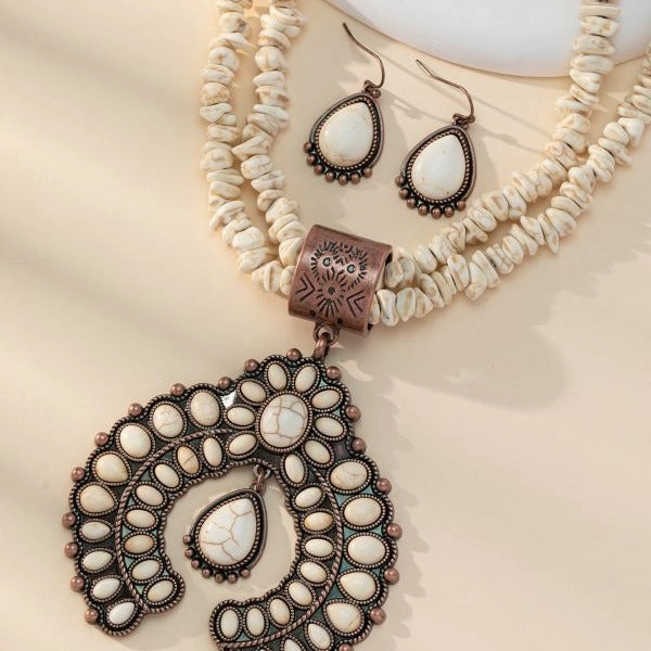 Wholesale Retro round flower turquoise pendant ethnic style alloy geometric earrings necklace jewelry set