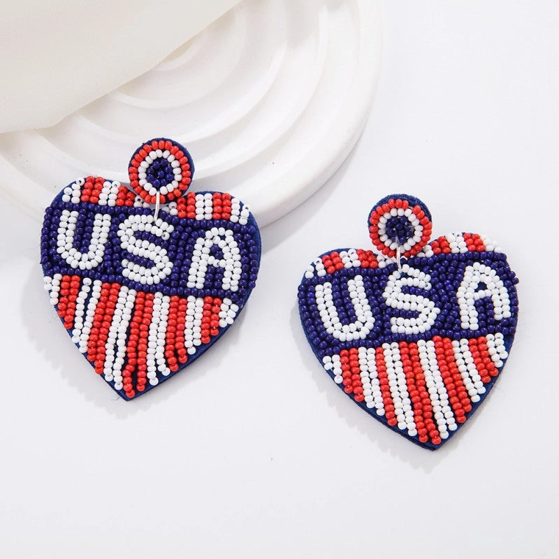 Wholesale rice bead earrings ethnic style hand-stitched love fabric earrings