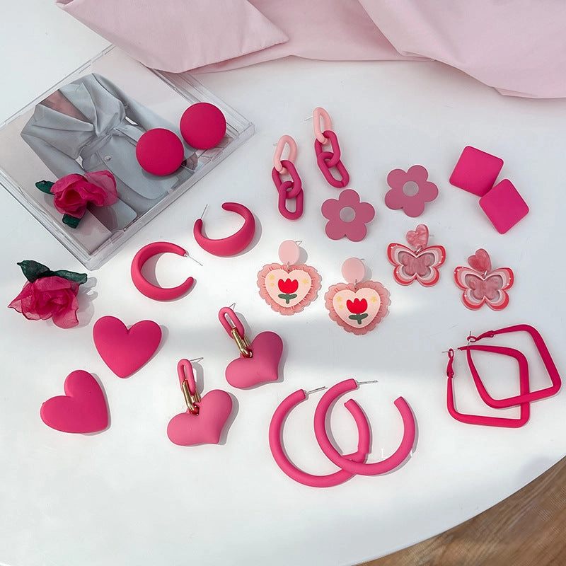 Wholesale Rose Red Flower Love Summer Geometry Sweet Alloy Earrings