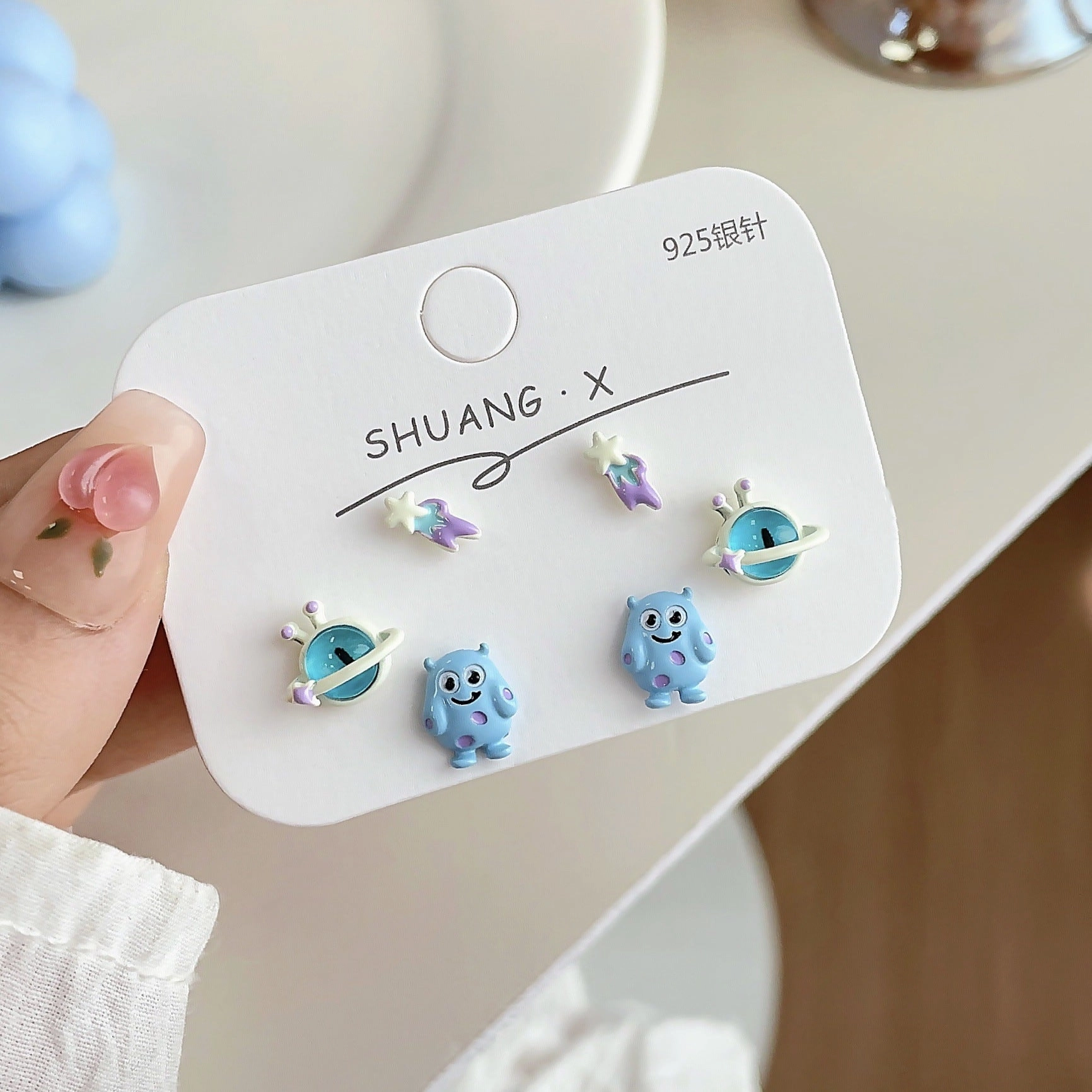 Wholesale Silver Needle Blue Little Monster Stud Earrings Set Cartoon Opal