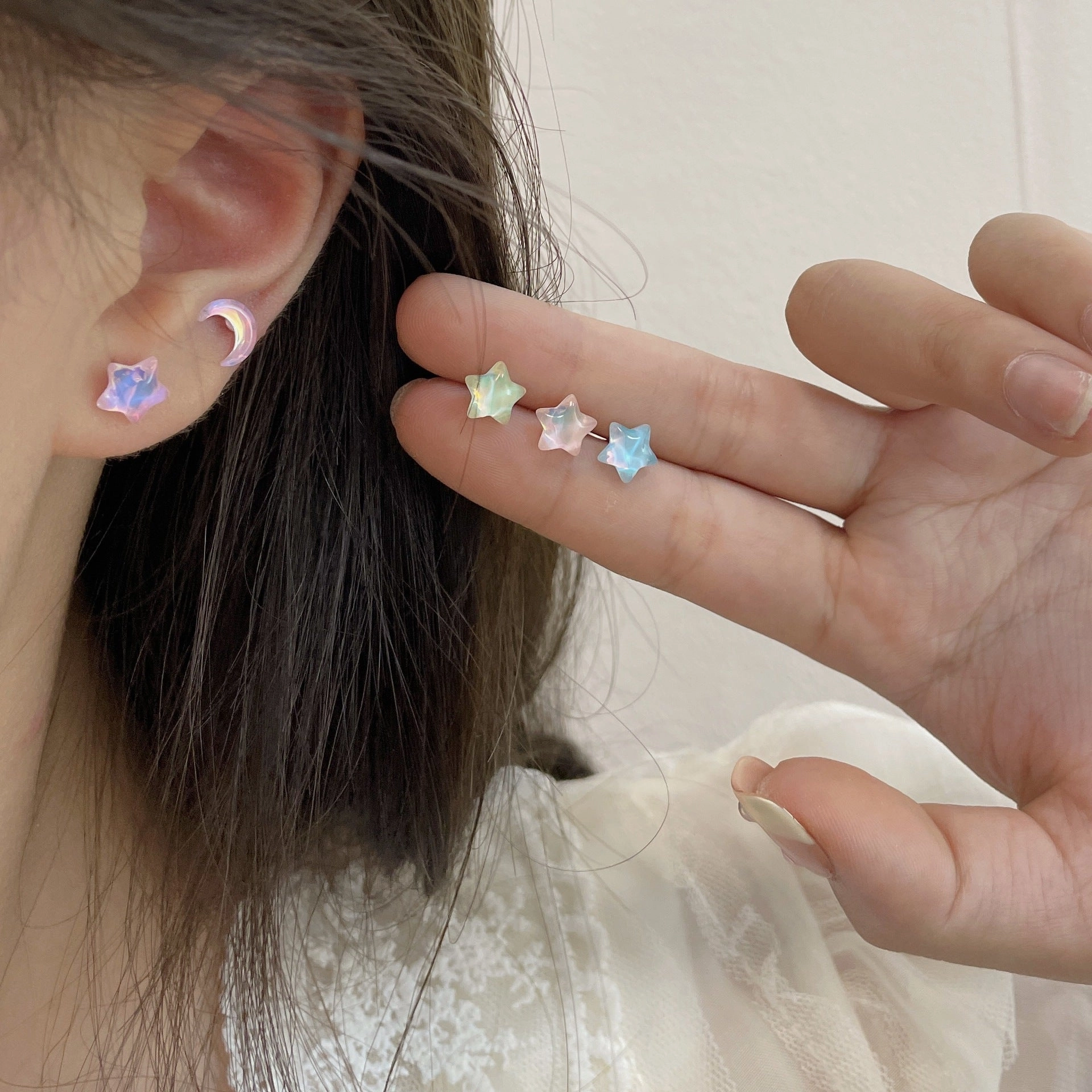 Wholesale Silver Pin Star Moon Girl Stud Earrings
