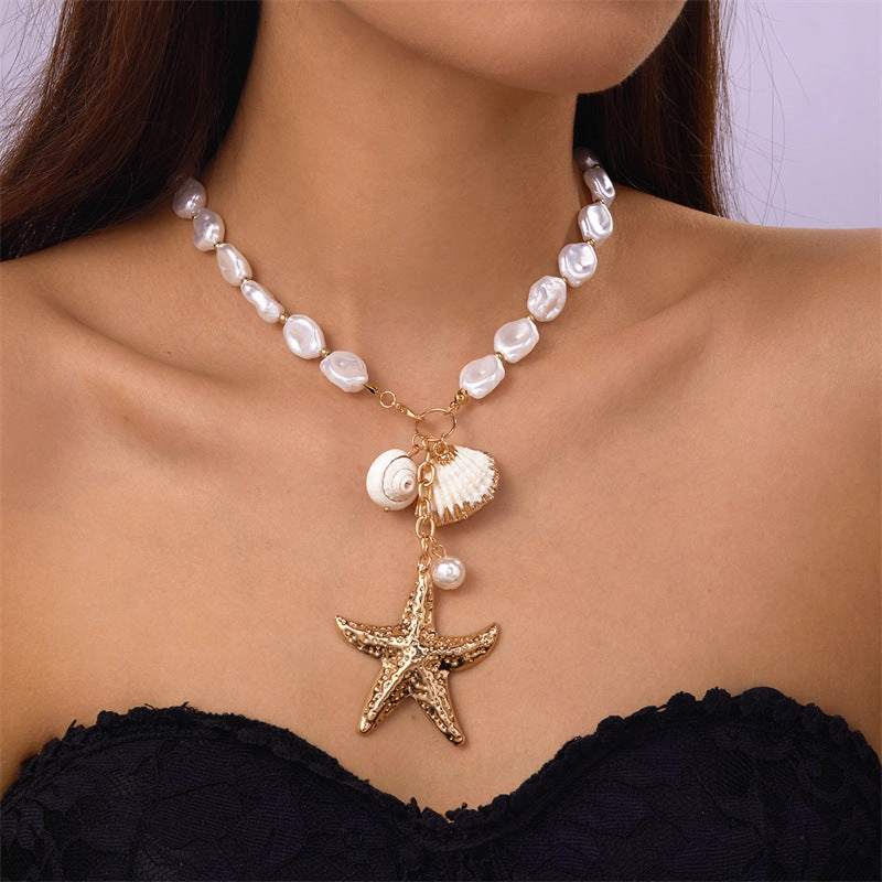 Wholesale Summer retro holiday style beach shell imitation pearl conch multi-layer women's necklace starfish pendant necklace set