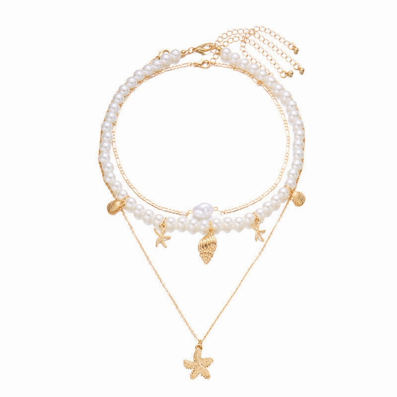 Wholesale Summer retro holiday style beach shell imitation pearl conch multi-layer women's necklace starfish pendant necklace set