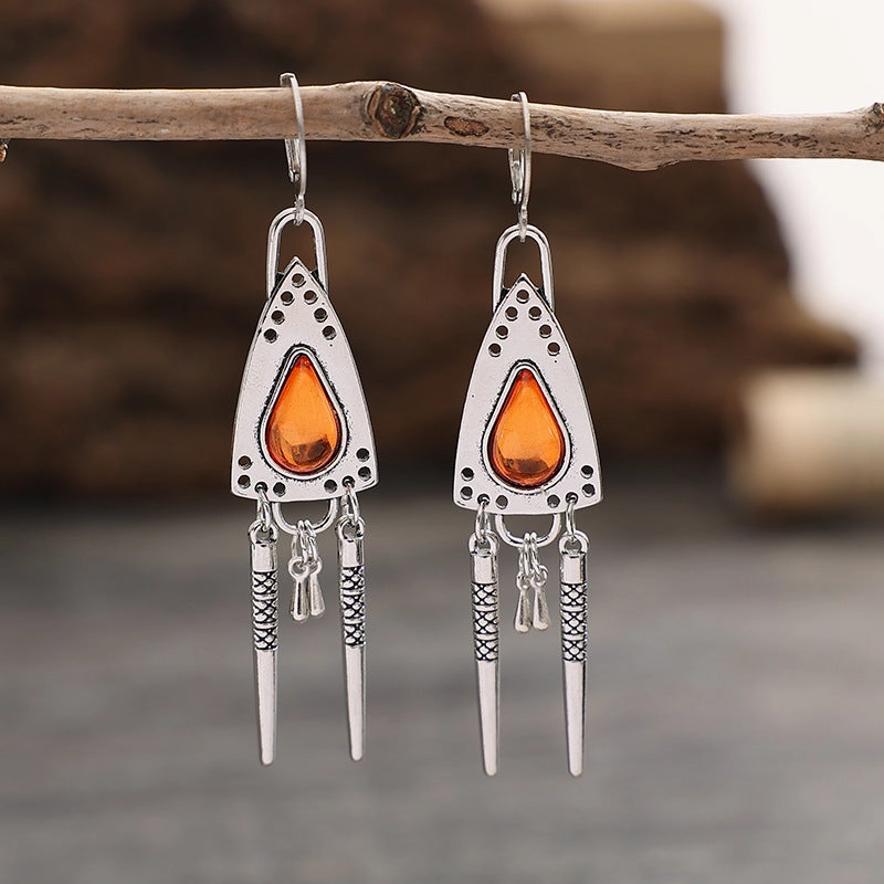 Wholesale Triangle Amber Gemstone Geometric Tassel Alloy Earrings