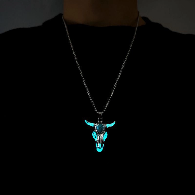 Wholesale Turquoise Skull Bull Head Stainless Steel Glowing Necklace