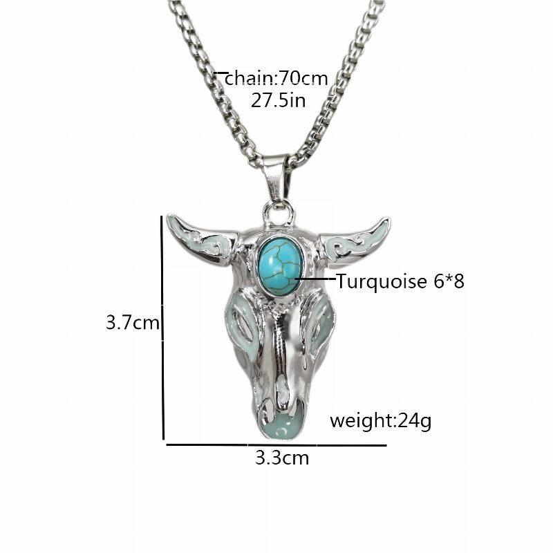 Wholesale Turquoise Skull Bull Head Stainless Steel Glowing Necklace