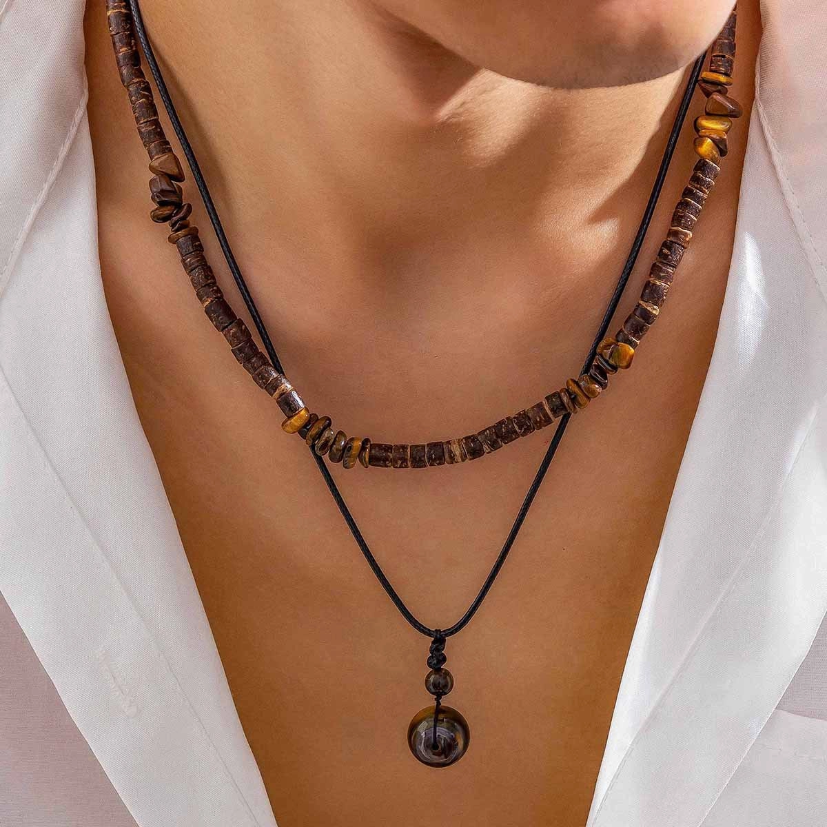 Wholesale Turquoise waxed thread necklace set men's foldable sweater chain
