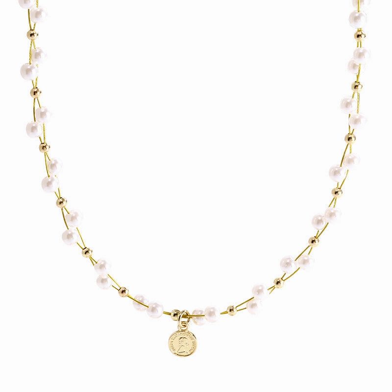 Wholesale Vintage portrait necklace wrapped with pearl clavicle chain