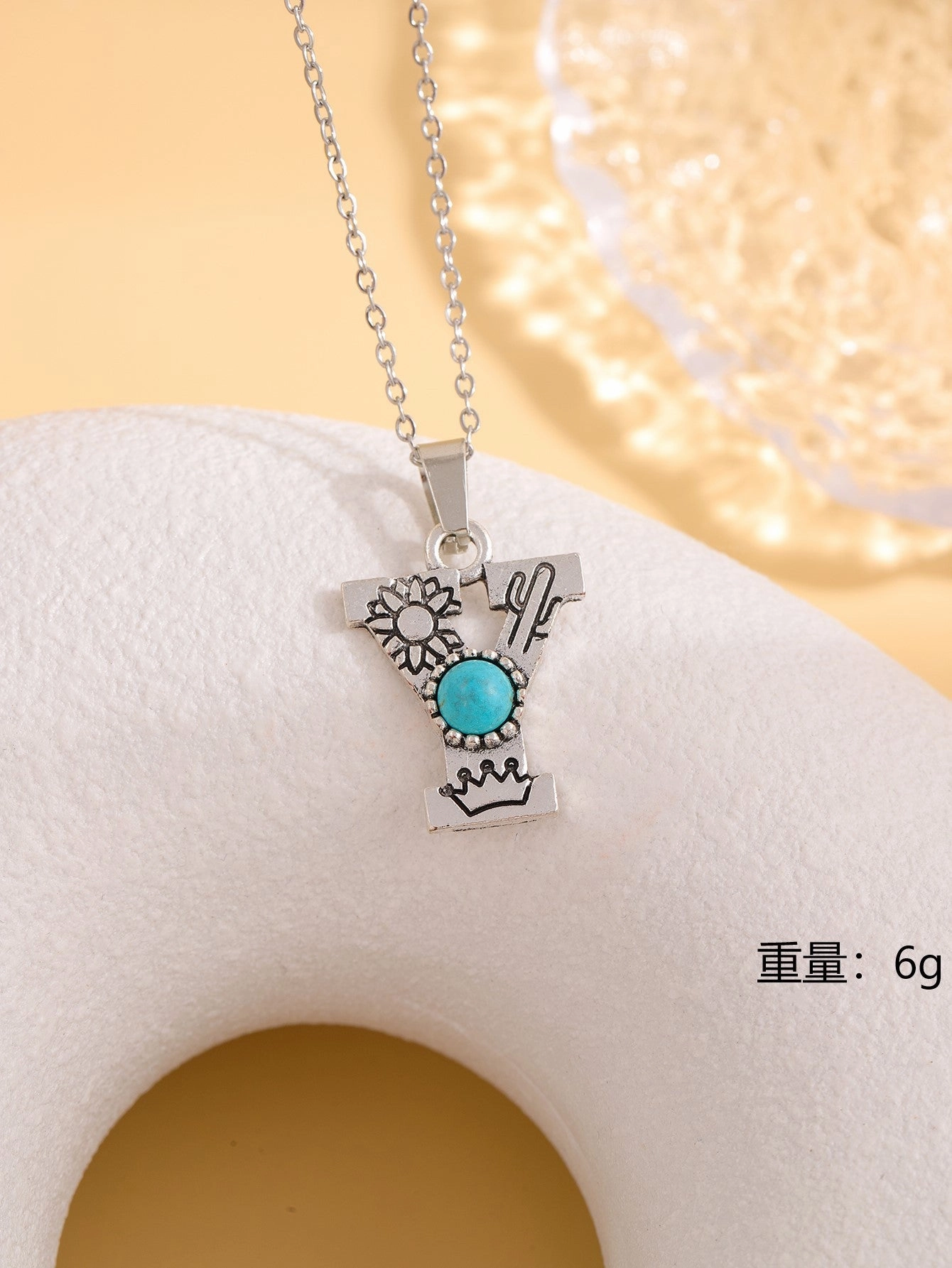Wholesale Western stainless steel chain cactus turquoise letter necklace