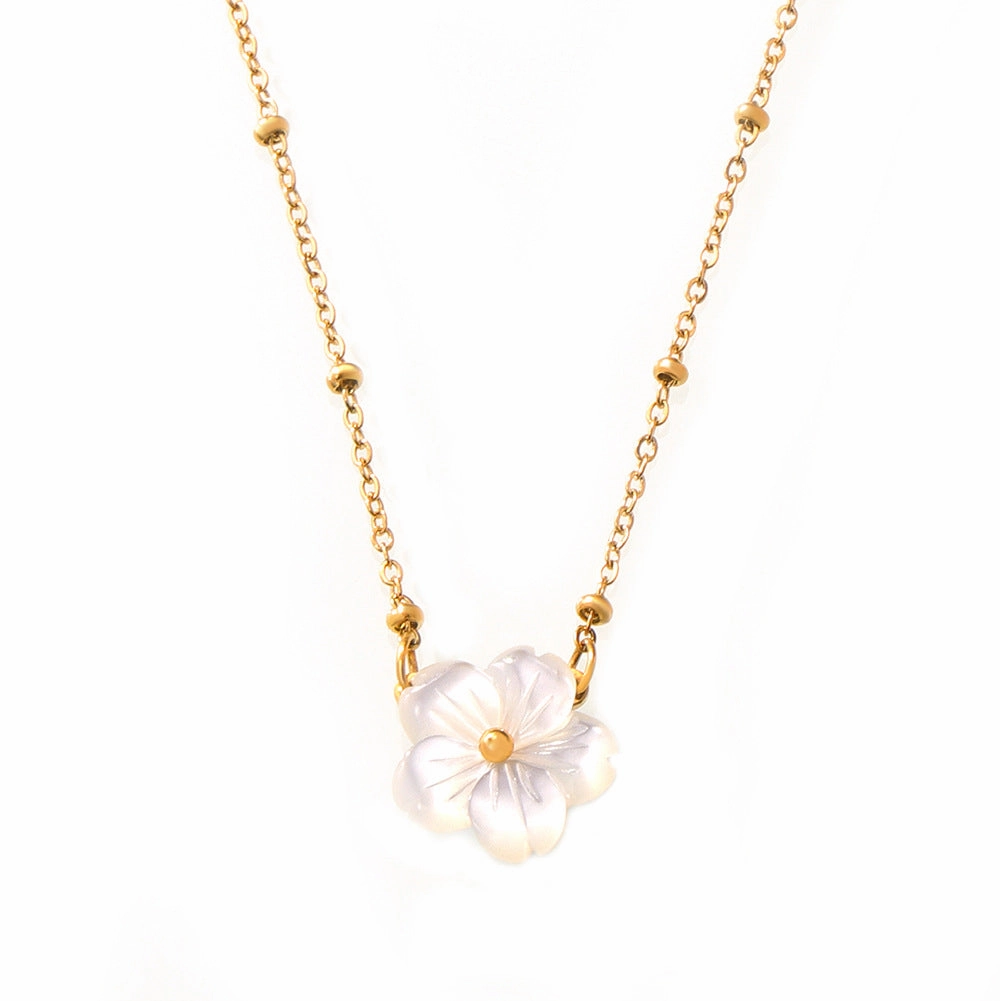 Wholesale White Sea Shell Flower Pendant Clip Bead Chain Titanium Steel Necklace