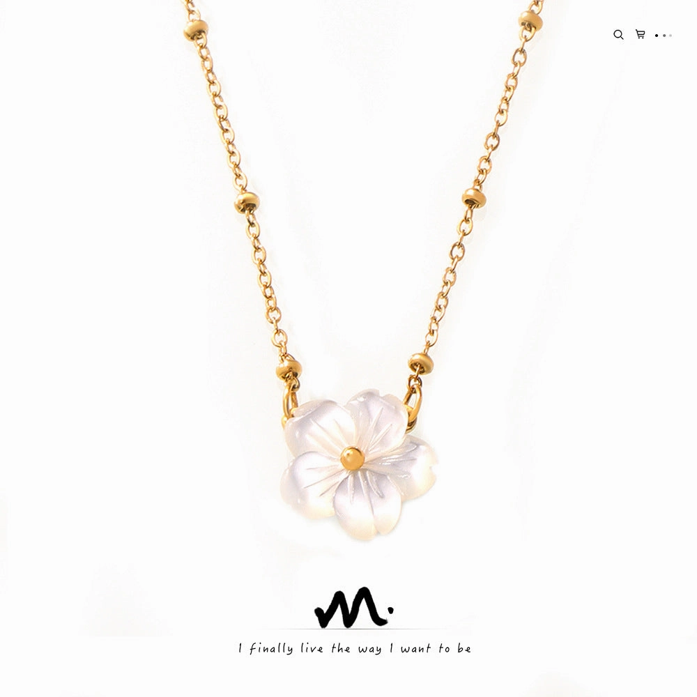 Wholesale White Sea Shell Flower Pendant Clip Bead Chain Titanium Steel Necklace